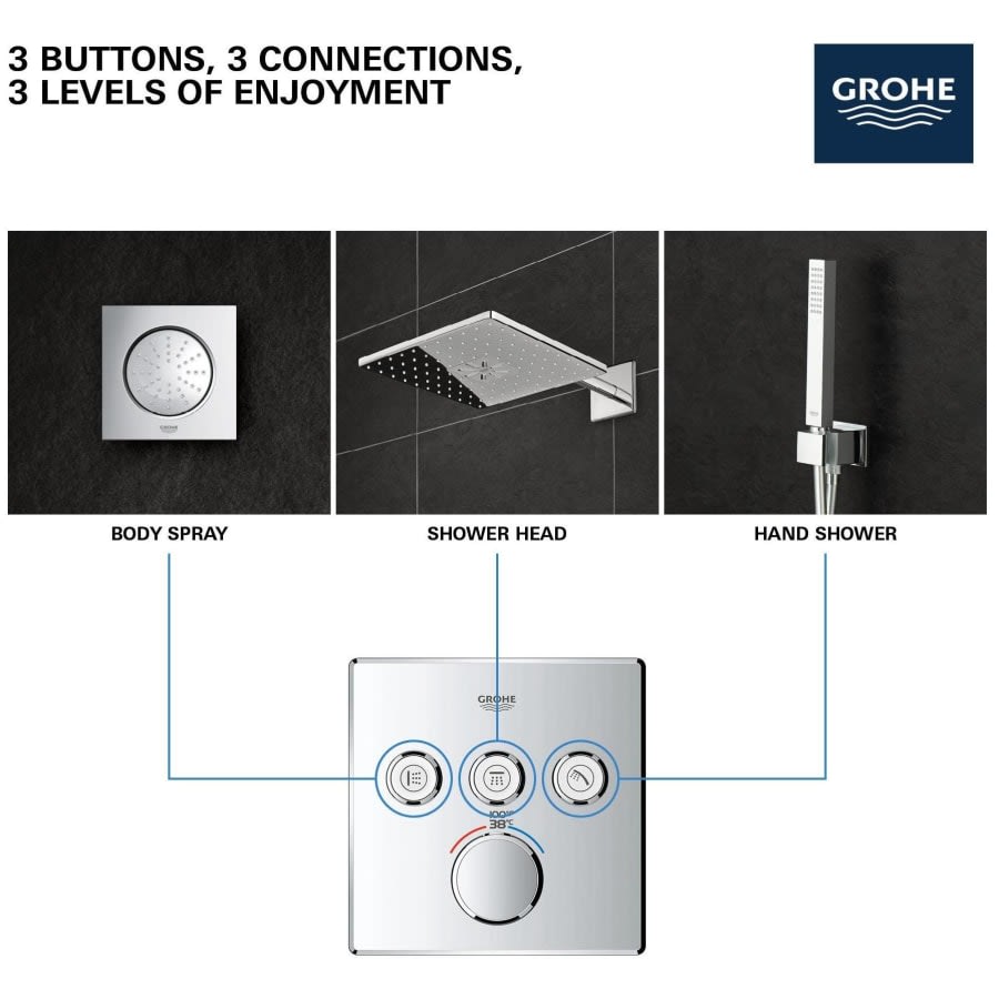 Grohtherm Three Function Thermostatic Valve Trim Only with Four Knob / Push Button Handles, Integrated Diverter, and Volume Control - Less Rough In