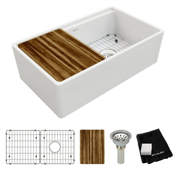 Single Bowl Kitchen Sink, Apron Mount, 33 x 18-13/16 in, 9-5/8 in Bowl Depth, Fireclay, White