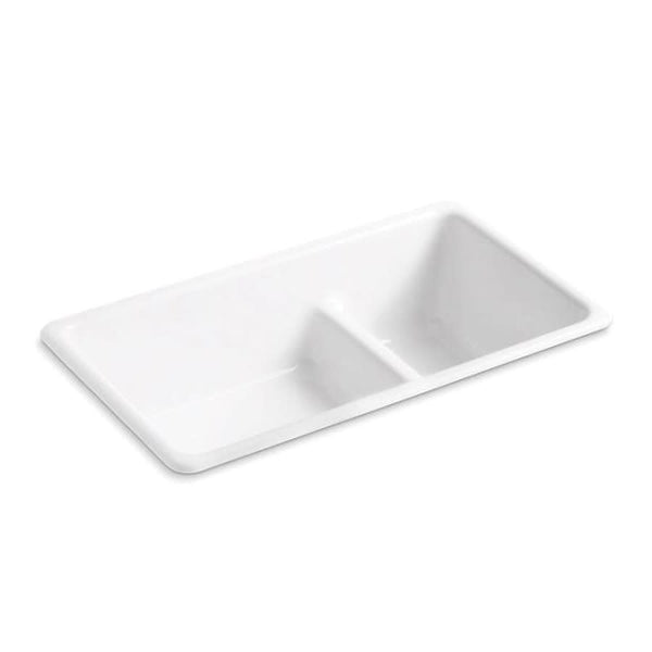 Iron/Tones® Double Bowl Kitchen Sink, Top/Under Mount, 33 x 18-3/4 in, 9 in Bowl Depth, Cast Iron, White