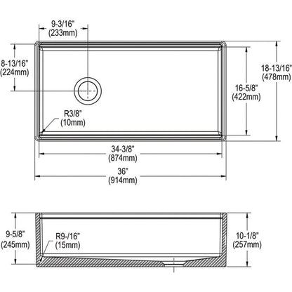 Single Bowl Kitchen Sink, Apron Mount, 36 x 18-13/16 in, 9-5/8 in Bowl Depth, Fireclay, White