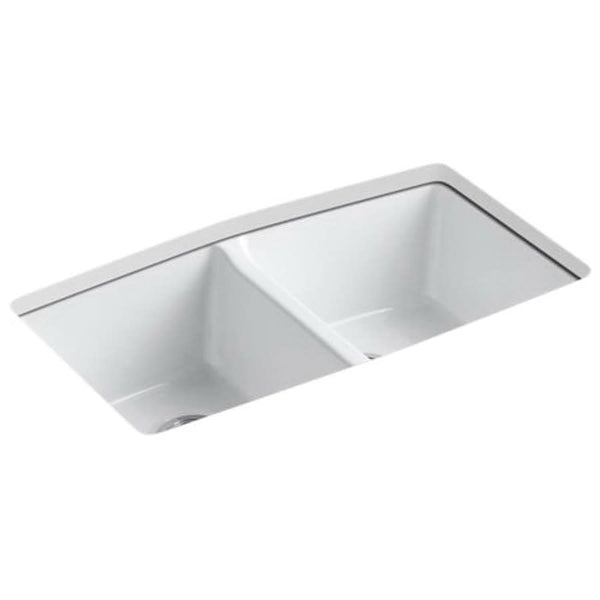 Brookfield™ Double Bowl Kitchen Sink, Under Mount, 33 x 22 in, 9 in Bowl Depth, 5-Hole, Cast Iron, White