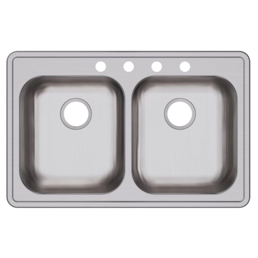 Dayton® Double Bowl Kitchen Sink, Top Mount, ADA, 33 x 21-1/4 in, 5-1/4 in Bowl Depth, 4-Hole, 22 ga Brushed Satin Steel, Stainless