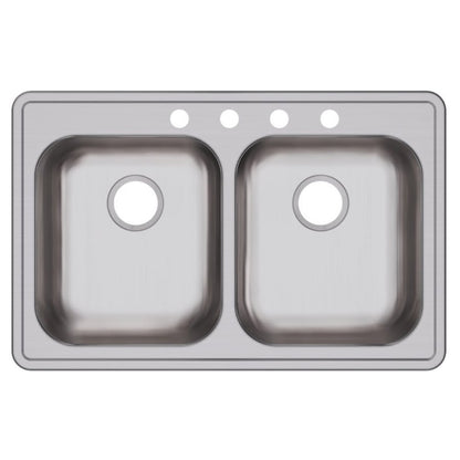Dayton® Double Bowl Kitchen Sink, Top Mount, ADA, 33 x 21-1/4 in, 5-1/4 in Bowl Depth, 4-Hole, 22 ga Brushed Satin Steel, Stainless