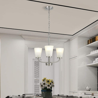 Helena 19 in 3-Light Brushed Nickel Hanging Chandelier with Frosted Glass Shades for Dining Room