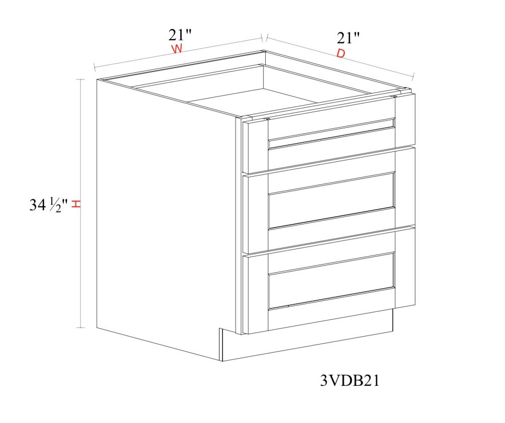 Vanity Drawer Base Cabinet - 21"W x 34- 1/2"H x 21"D- 3DRW