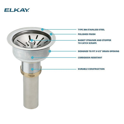 3-1/2 in, Drain Fitting Type 304/304L Polished Stainless Steel Steel Body Strainer Basket and Tailpiece