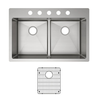 Crosstown® Double Bowl Kitchen Sink, Top/Under Mount, 33 x 22 in, 9 in Bowl Depth, 5-Hole, 18 ga Polished Satin Steel, Stainless