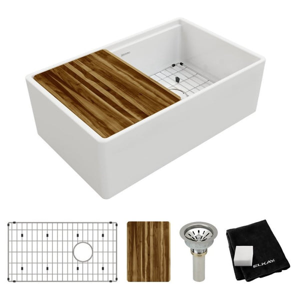 Single Bowl Kitchen Sink, Apron Mount, 30 x 18-13/16 in, 9-5/8 in Bowl Depth, Fireclay, White