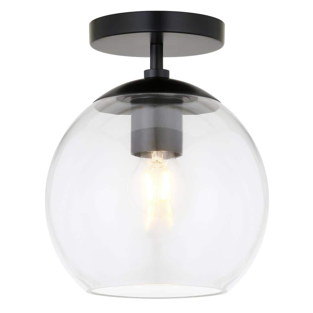 Bartlett 9 in. 1-Light Matte Black and Clear Glass Semi-Flush Mount