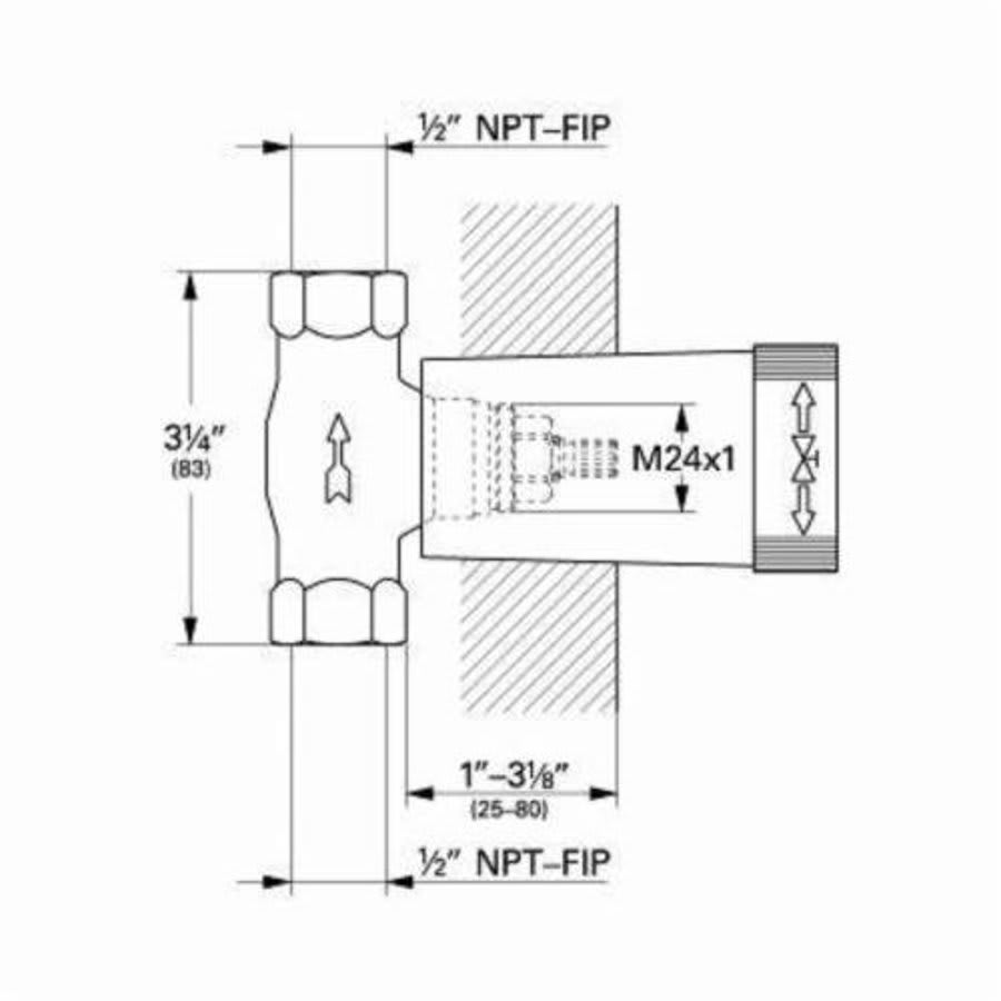 Concealed Stop Valve, 1/2 in, NPT, Brass Body, Rough Brass