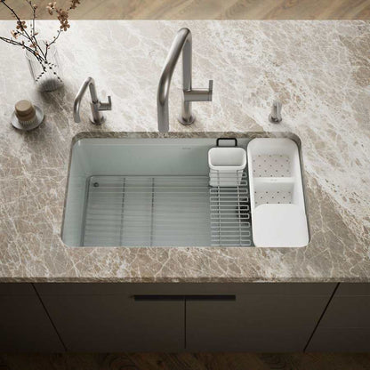 Riverby 33" Undermount Single Basin Enameled Cast Iron Workstation Kitchen Sink with Utility Rack, Sink Rack and Colander, and Intregral Cutting Board