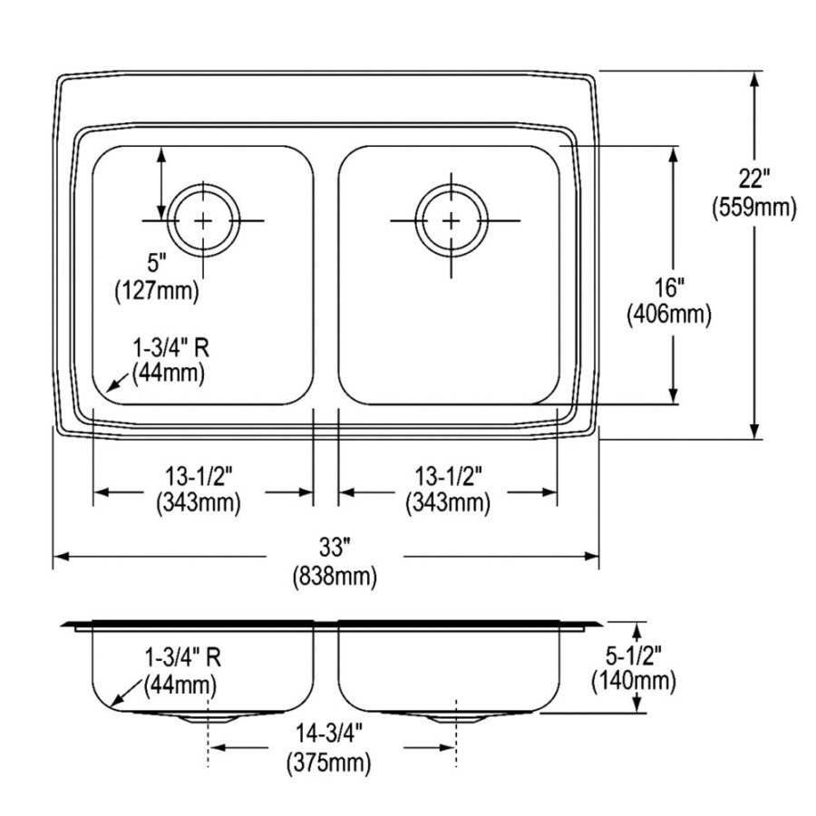 Lustertone™ Classic Double Bowl Kitchen Sink, Top Mount, ADA, 33 x 22 in, 5-1/8 in Bowl Depth, 4-Hole, 18 ga Lustrous Satin Steel, Stainless