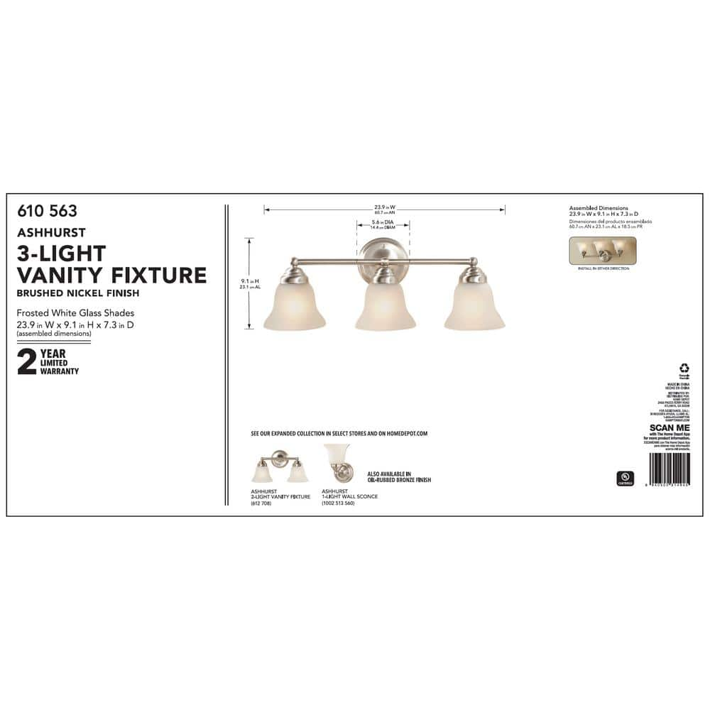 Hampton Bay Ashhurst 3-Light Brushed Nickel Classic Traditional Bathroom Vanity Light with Frosted Glass Shades