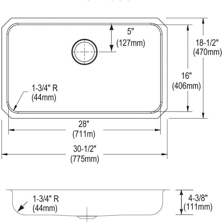 Lustertone™ Classic Single Bowl Kitchen Sink, Under Mount, ADA, 30-1/2 x 18-1/2 in, 4-3/8 in Bowl Depth, 18 ga Lustrous Satin Steel, Stainless