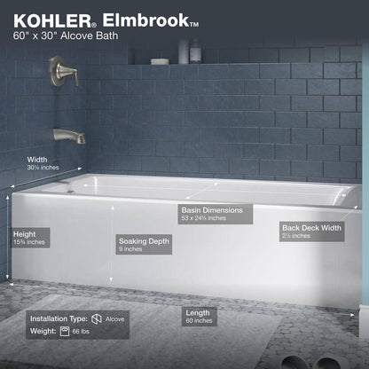 Elmbrook 60 in. x 30.25 in. Soaking Bathtub with Right-Hand Drain in White
