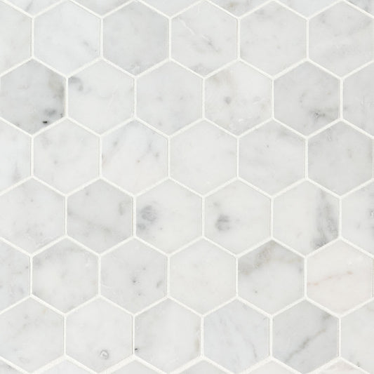 Carrara White Honed 2" Hexagon Mosaic Tile