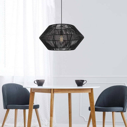 Terra 1-Light Matte Black Chandelier with Natural Twine Shade and Designer Black Cloth Hanging Cord