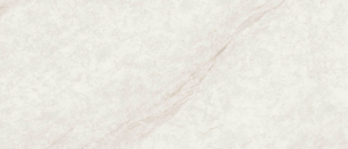 IvoriTaj Polished Quartz slab by MSI: light beige base with soft white and cream patterns, faint diagonal vein, elegant appearance.