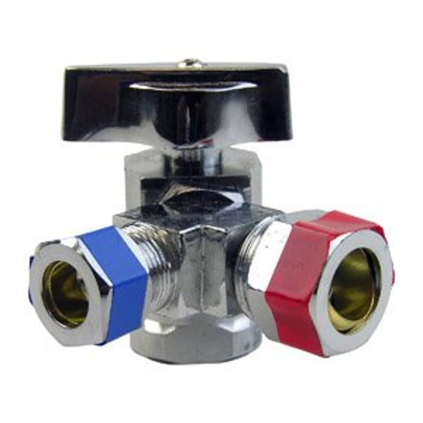 Quarter Turn Dual Stop, 1/2 x 1/2 x 3/8 in, FNPT x Comp x Comp, Chrome