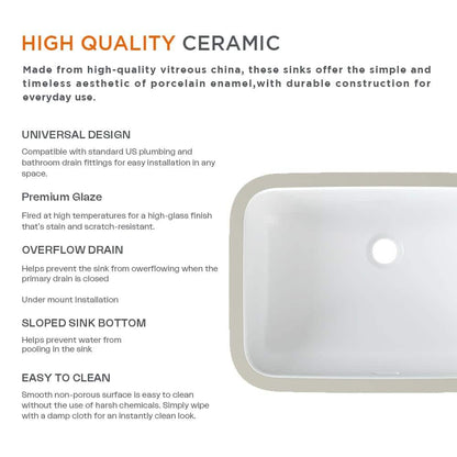 22 in. Ceramic Rectangular Undermount Bathroom Sink in White with Overflow Drain