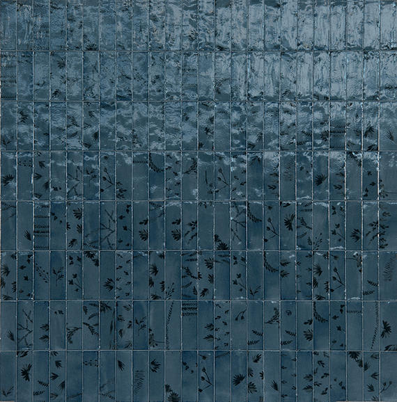 Rice Blu Deco Leaf Rectangle 2X6 Glossy