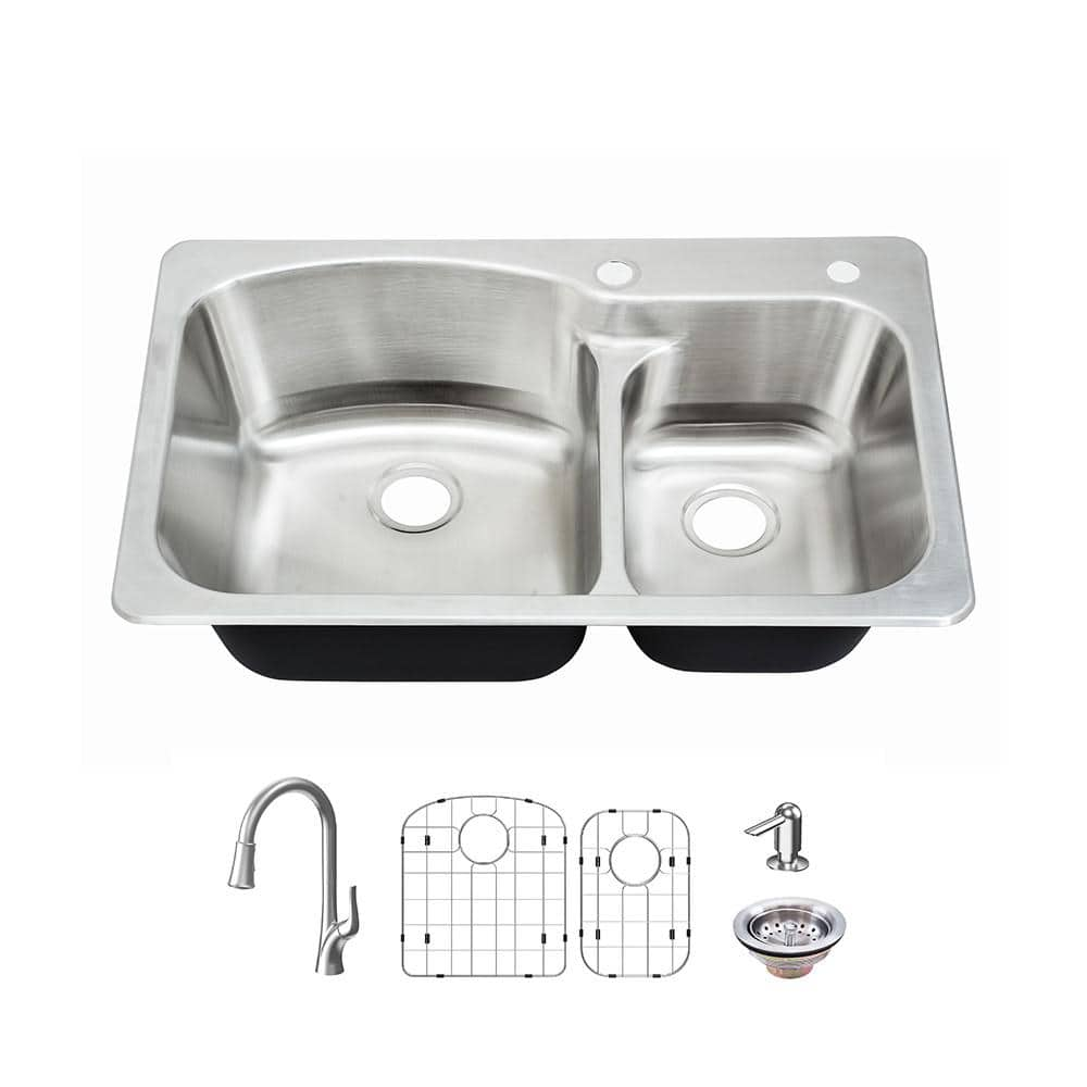 33 in. Drop-In 60/40 Double Bowl 18 Gauge Stainless Steel Kitchen Sink with Pull-Down Faucet