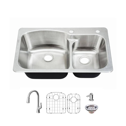 33 in. Drop-In 60/40 Double Bowl 18 Gauge Stainless Steel Kitchen Sink with Pull-Down Faucet