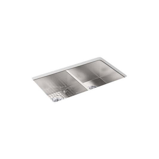 Vault™ Double Bowl Kitchen Sink, Top/Under Mount, 33 x 22 in, 9-5/16 in Bowl Depth, 4-Hole, 18 ga Satin Steel, Stainless