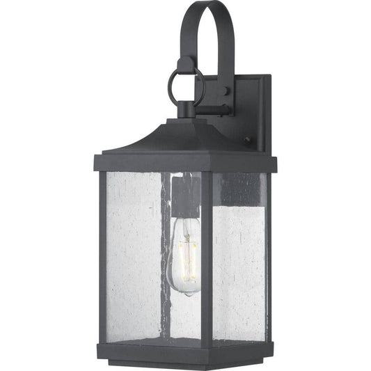 Park Court 19 in. 1-Light Textured Black Traditional Outdoor Wall Lantern with Clear Seeded Glass