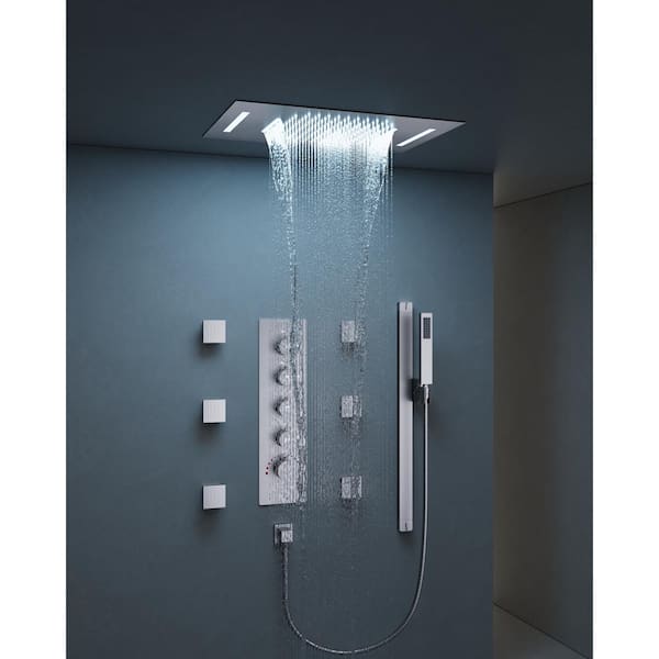 YAWWALK Thermostatic 15-Spray Ceiling Mount 23 x 15 in. Rectangle LED Mood Lighting Shower System with Valve in Brushed Nickel CR1-S025-NI-1