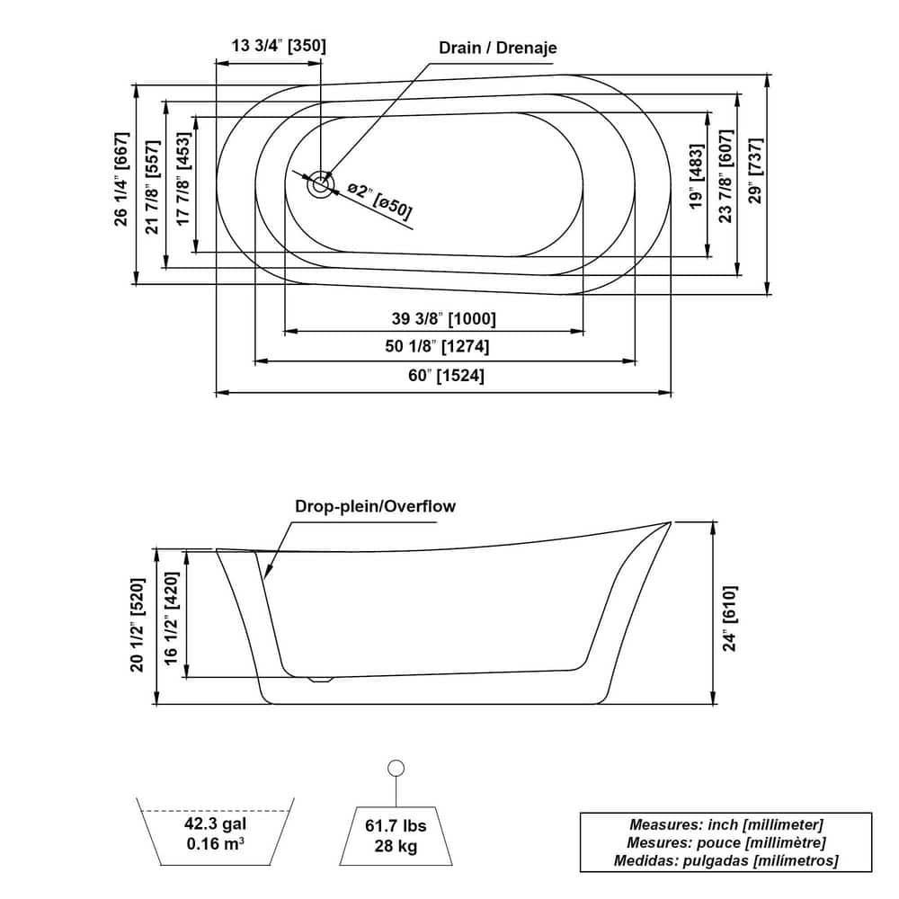 Coniston 60 in. Acrylic Freestanding Flatbottom Bathtub in White with Overflow and Drain in Brushed Nickel Included
