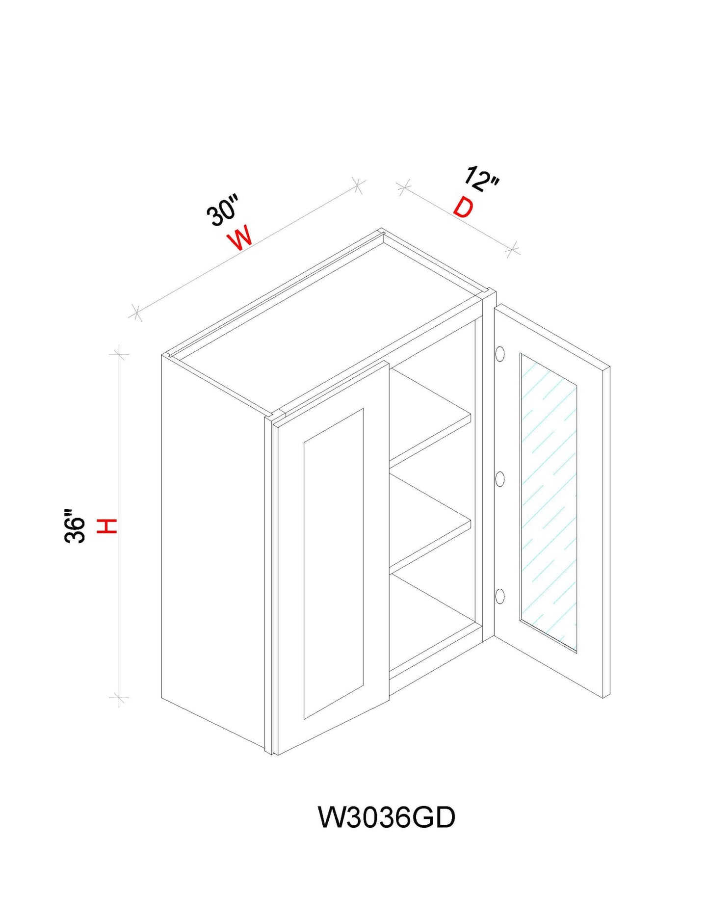 Wall Cabinet - 30"W x 36"H x 12"D Glass Door Only