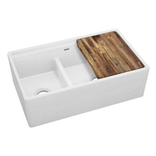 Explore™ Double Bowl Kitchen Sink, Under Mount, 33 x 20 in, 9-1/8 in Bowl Depth, Fireclay, White