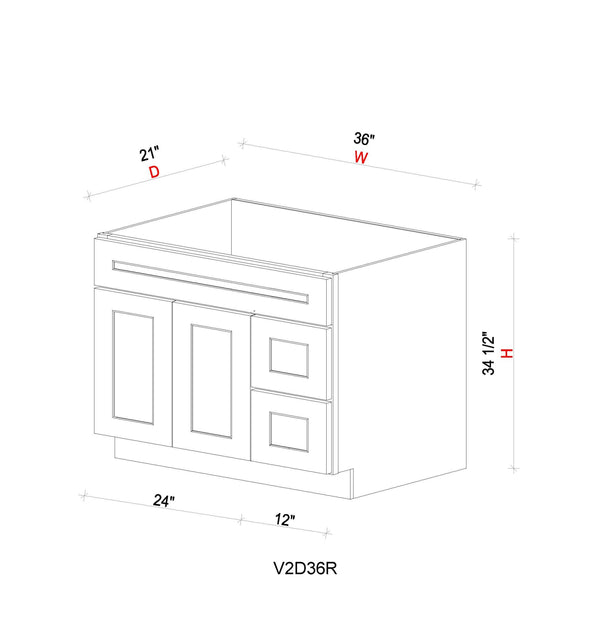Vanity Sink Base Cabinet with Drawers Right - 36"W * 34- 1/2"H * 21"D