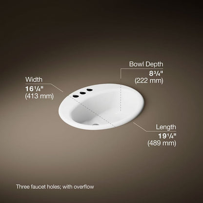Farmington 19-1/4" Oval Cast Iron Drop In Bathroom Sink with Overflow and 3 Faucet Holes at 4" Centers