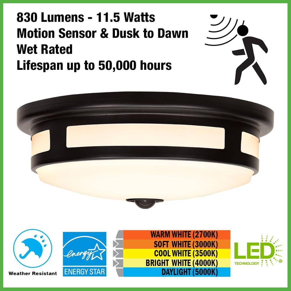 11 in. Round Black Exterior Outdoor Motion Sensing LED Ceiling Light 830 Lumens 5-Color Temperature Options Wet Rated