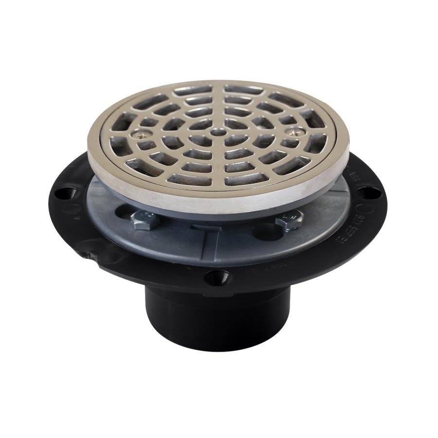 Shower Pan Drain With Round Ring and Strainer, 2 in, Hub, ABS Drain, Stainless Steel