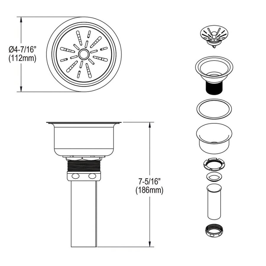 3-1/2 in, Drain Fitting Type 304/304L Polished Stainless Steel Steel Body Strainer Basket and Tailpiece