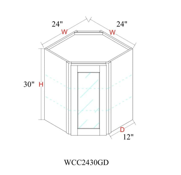 Wall Diagonal Corner Cabinet - 24"W x 30"H x 12"D Glass Door Only