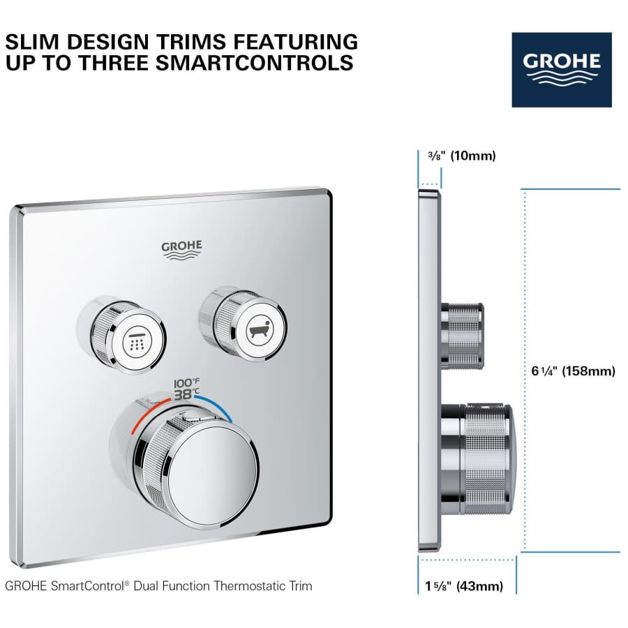 Grohtherm Two Function Thermostatic Valve Trim Only with Triple Knob / Push Button Handles, Integrated Diverter, and Volume Control - Less Rough In