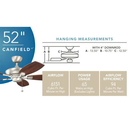 Canfield 52" 5 Blade Indoor Ceiling Fan with Blades, Downrod and Pull Chain