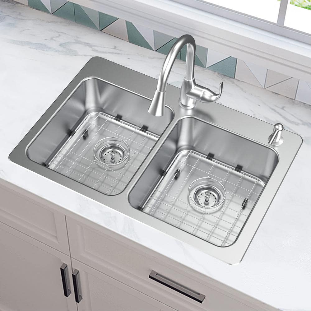 Bratten 33 in. Drop-In 50/50 Double Bowl 18 Gauge Stainless Steel Kitchen Sink with Accessories