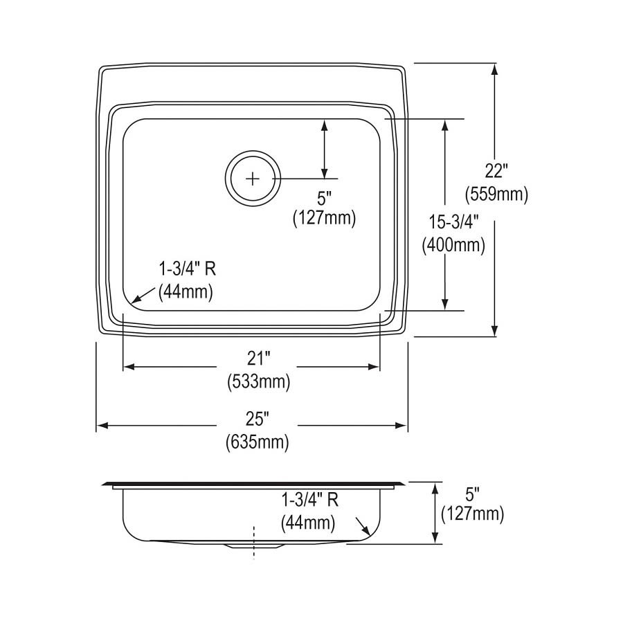 CuVerro Single Bowl Kitchen Sink, Top Mount, ADA, 25 x 22 in, 4-5/8 in Bowl Depth, 4-Hole, 18 ga Lustrous Satin Steel, Stainless