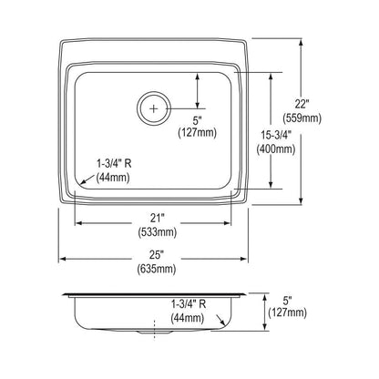 CuVerro Single Bowl Kitchen Sink, Top Mount, ADA, 25 x 22 in, 4-5/8 in Bowl Depth, 4-Hole, 18 ga Lustrous Satin Steel, Stainless