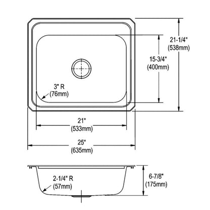 Celebrity Single Bowl Kitchen Sink, Top Mount, 25 x 21-1/4 in, 6-3/4 in Bowl Depth, 3-Hole, 20 ga Brushed Satin Steel, Stainless