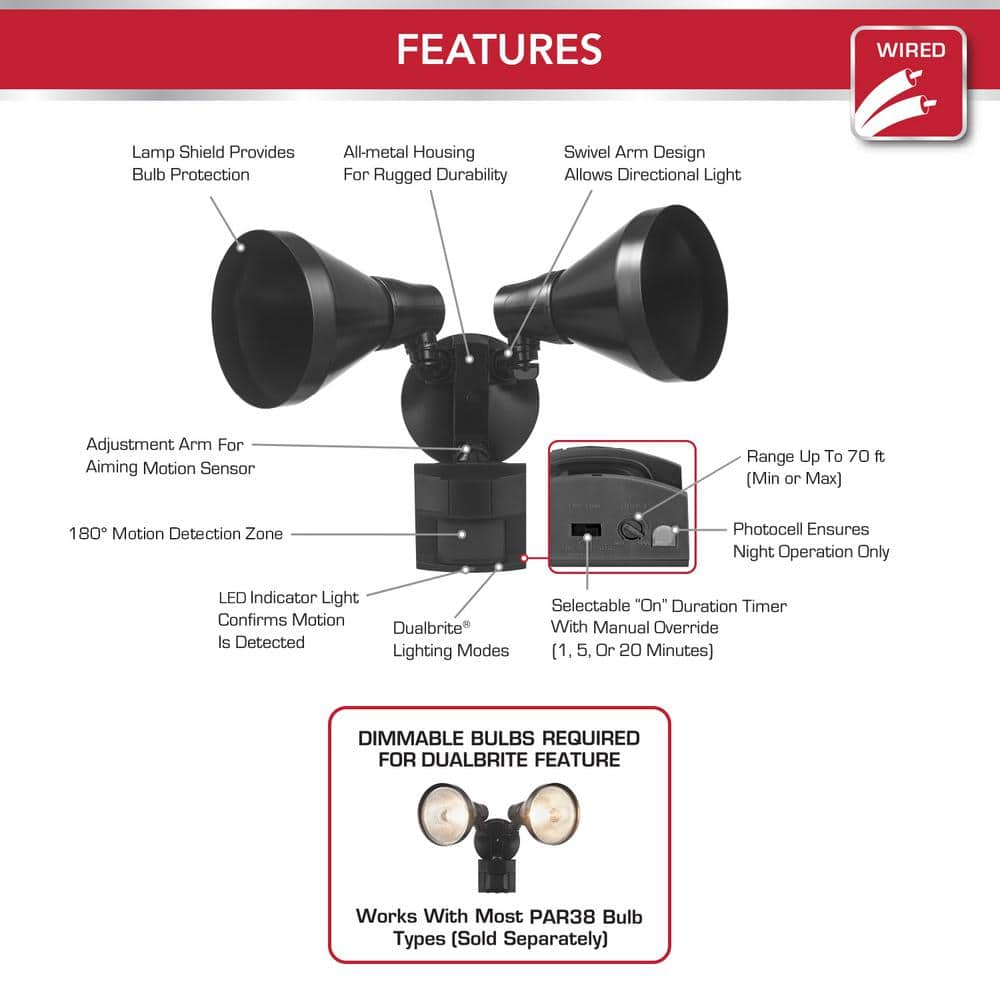 PAR 180° Black Motion Sensor Wired Outdoor Exterior 2-Head Dusk-to-Dawn Security Flood Light