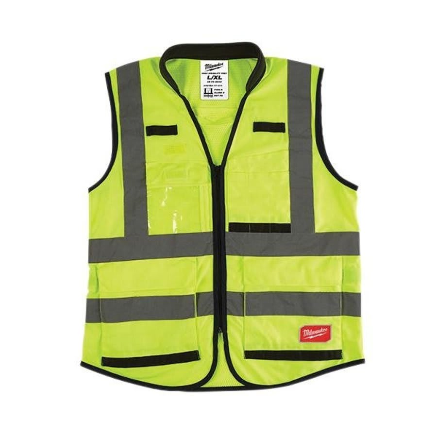 Performance Safety Vest, L/XL, Hi-Viz Yellow, Polyester, Hook and Loop/Zipper Closure, 15 Pockets, ANSI Class Class 2, ANSI/ISEA 107-15 Type R