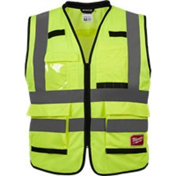 Performance Safety Vest, L/XL, Hi-Viz Yellow, Polyester, Hook and Loop/Zipper Closure, 15 Pockets, ANSI Class Class 2, ANSI/ISEA 107-15 Type R