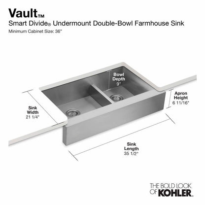 Vault 36" Double Basin Under-Mount 18-Gauge Stainless Steel Kitchen Sink with Self Trimming and Smart Divide - Includes Basin Rack