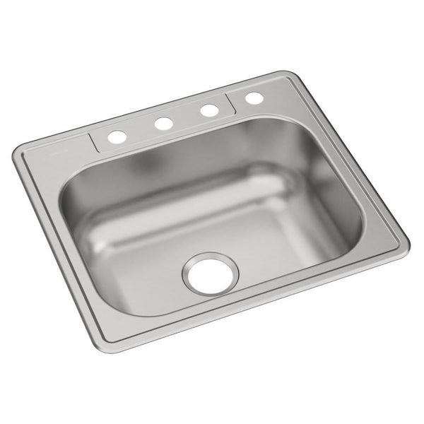 Dayton® Single Bowl Kitchen Sink, Top Mount, 25 x 22 in, 8 in Bowl Depth, 4-Hole, 20 ga Elite Satin Steel, Stainless